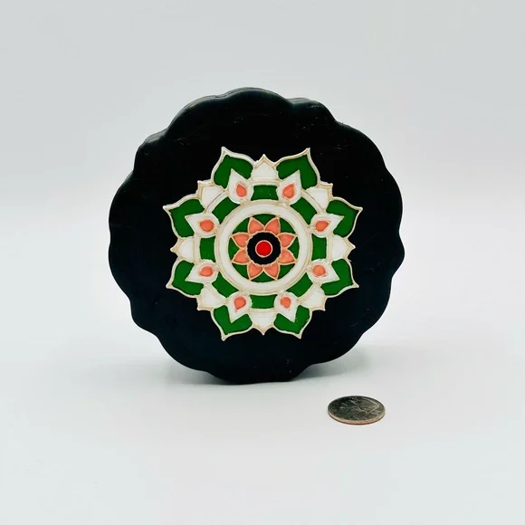 3D Printed and Hand Painted Cloisonné Style Black, Peach, Green Decorative Box - Picture 3 of 5